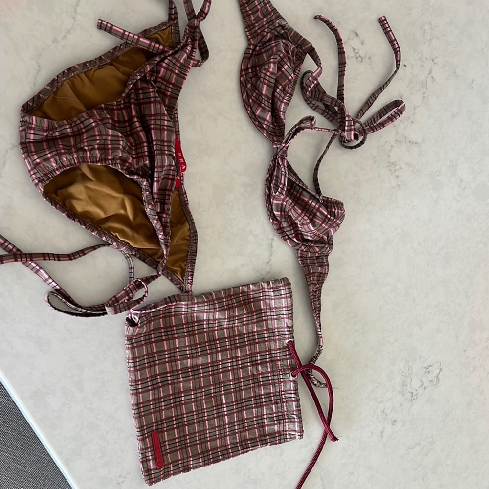 VINTAGE PRADA AUTHENTIC Burgundy and Brown Bikini with Organic plaid Design